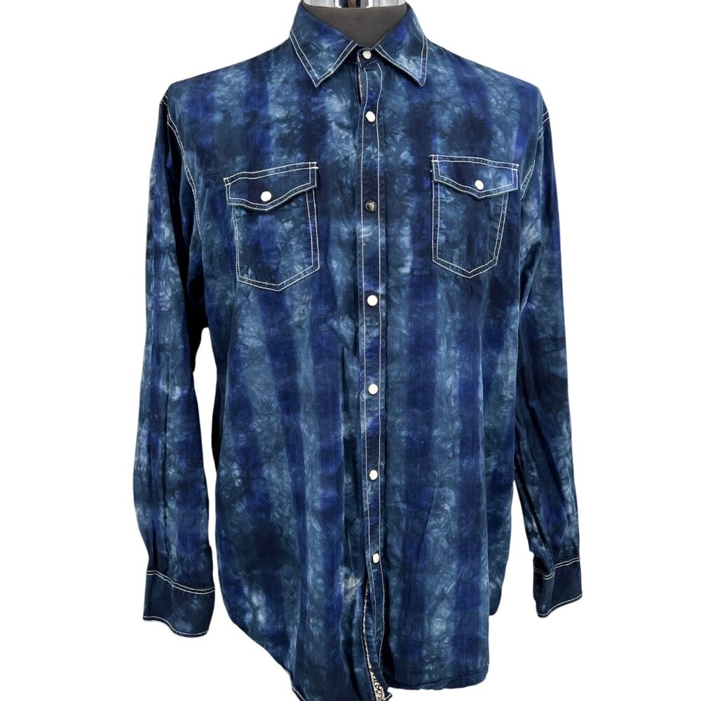 Y2K Age of Wisdom 100%‎ Cotton Ice Dyed Pearl Snap Front Shirt Blues XXL